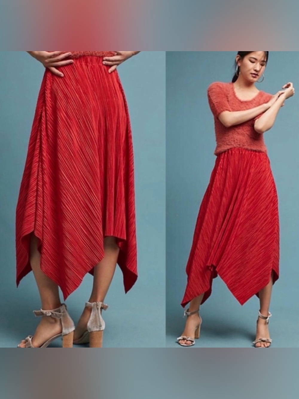 Anthropologie Red Asymmetrical Pleated Maxi Skirt